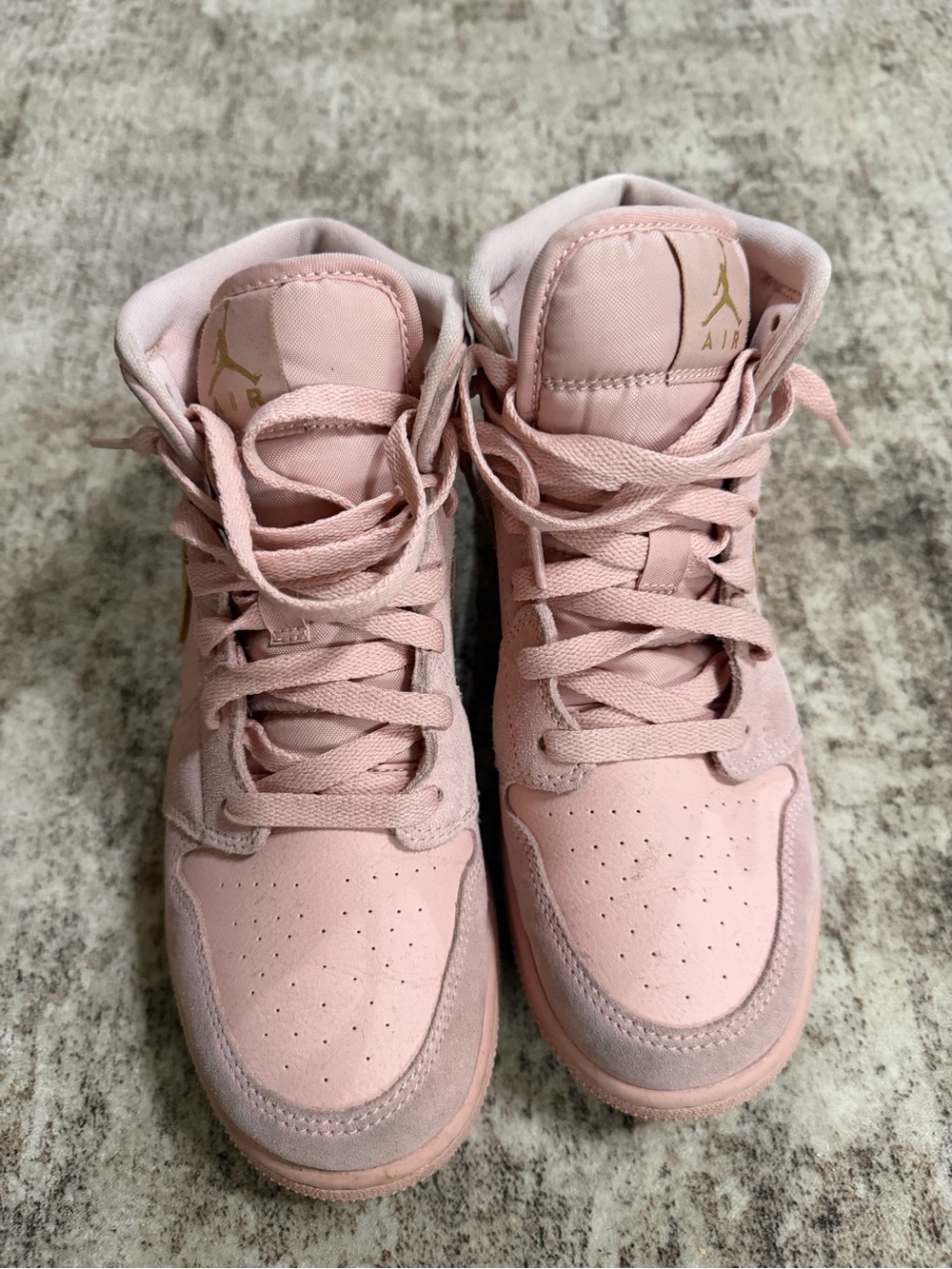 Jordan Pink High Top Sneakers with Gold Jumpman Accent